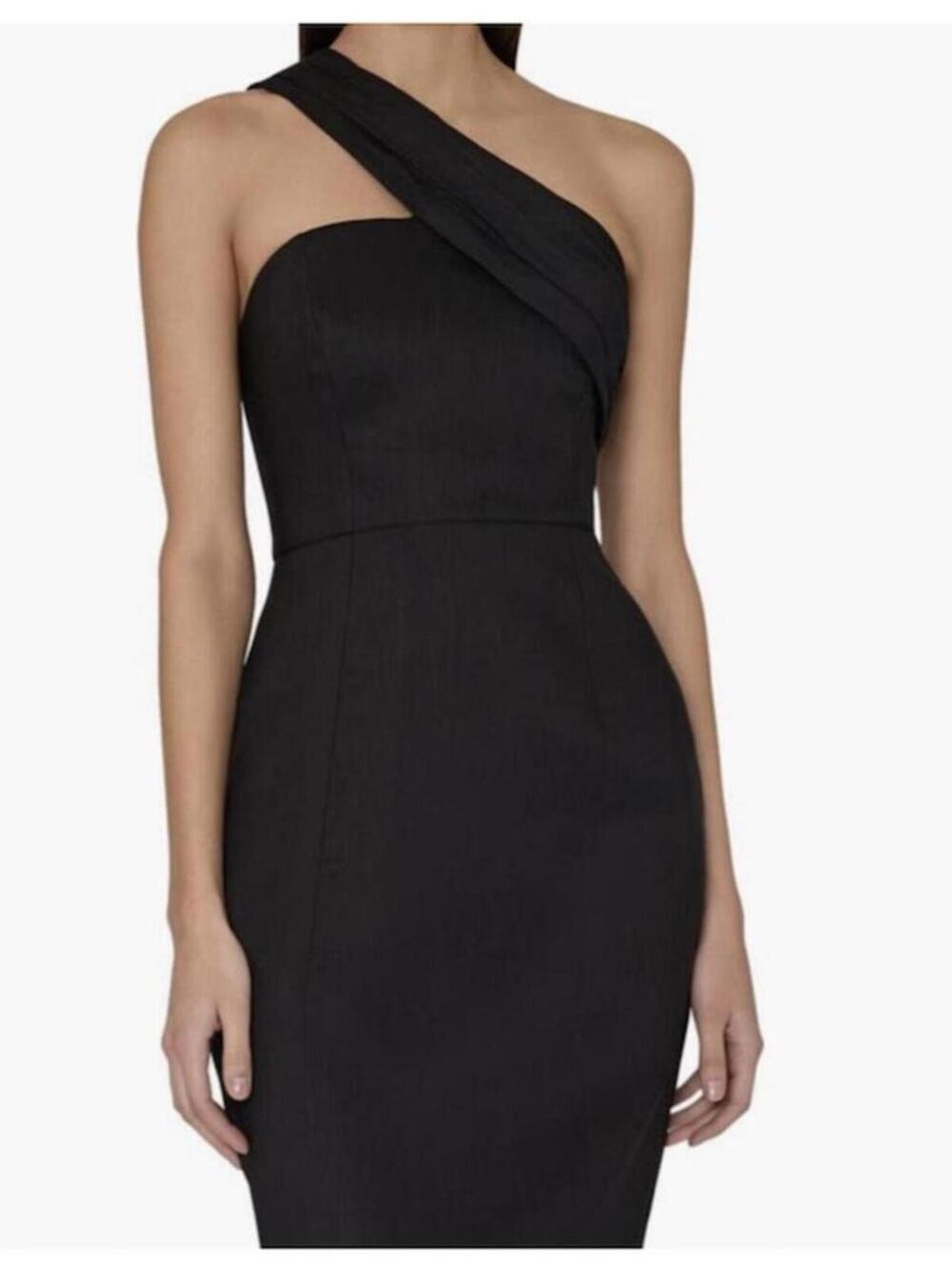 Milly‎ One Shoulder Linen Blend Dress Womens 4 Black Sheath Cocktail Midi
